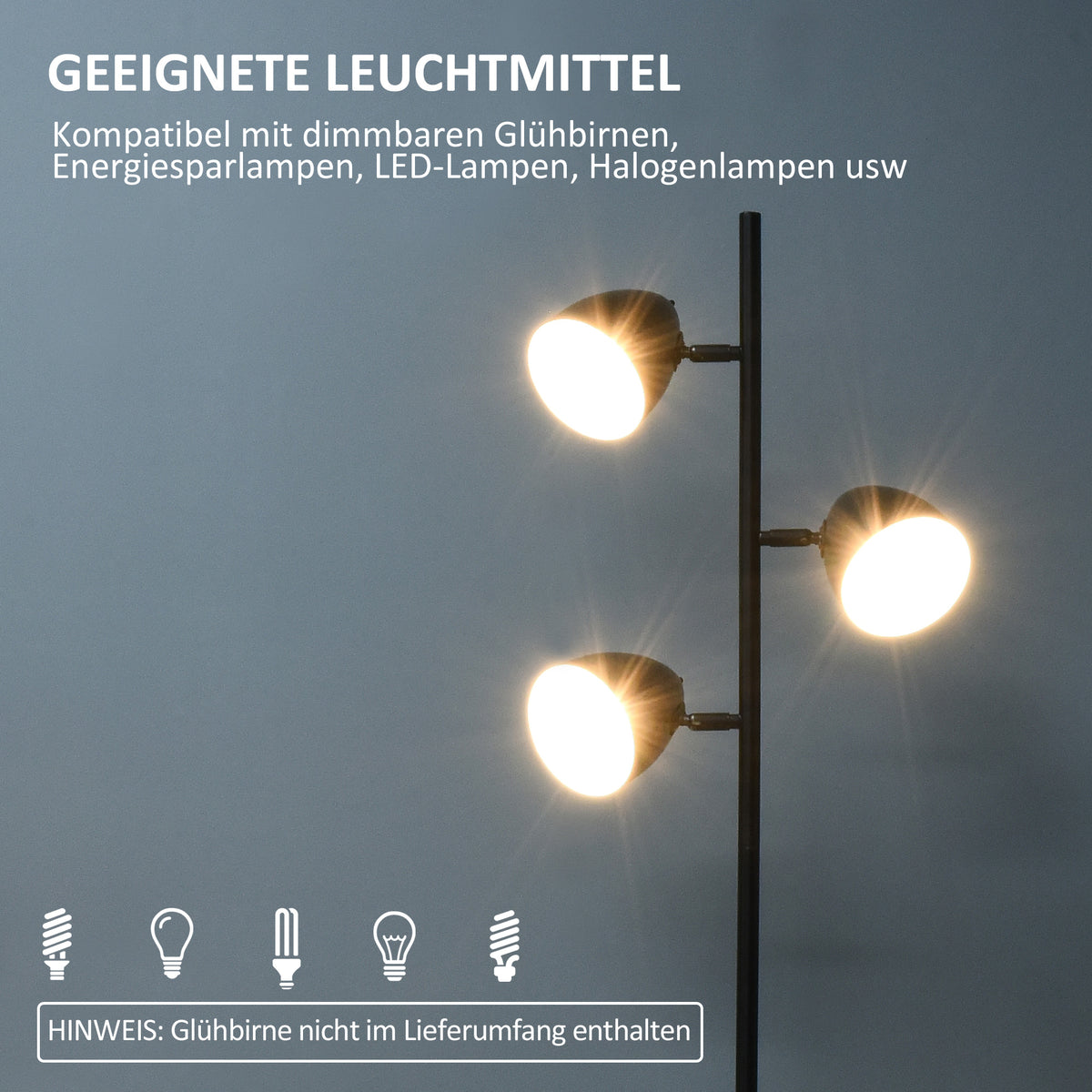 HOMCOM Stehlampe, Bodenlampe, 3 einstellbare Schirme, Metall, Schwarz