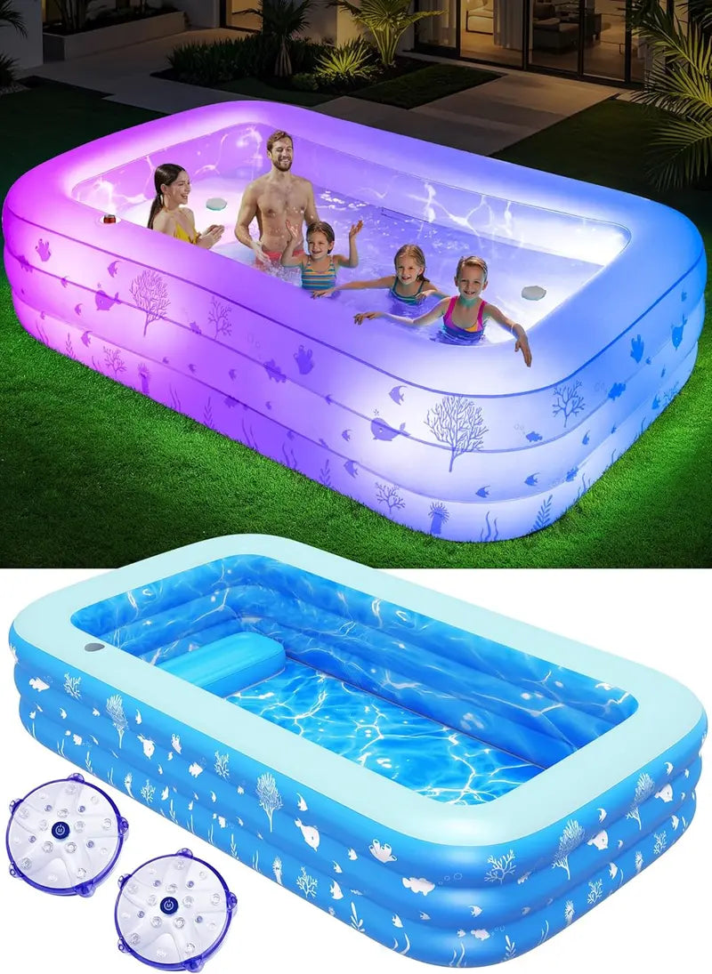 Lighted Family Inflatable Pool – Extra-Large with Integrated Seats & Waterproof LED Lighting