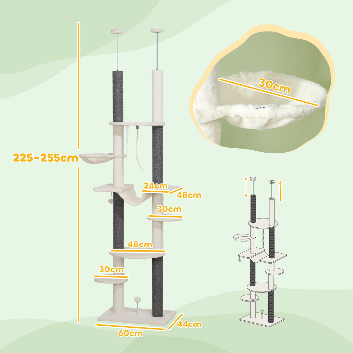 PawHut Kratzbaum, deckenhoch, verstellbar 225-255 cm, Plattformen & Hängematten, Kippschutz, Weiß