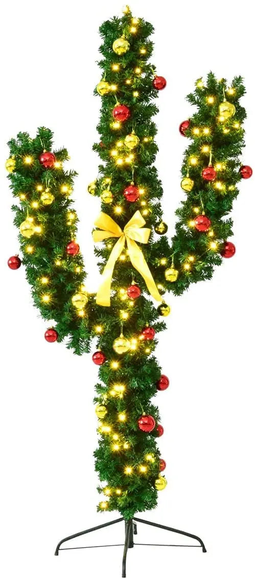 Pre-Lit Cactus-Themed Artificial Christmas Tree – Festive LED Illuminated Design with Ornaments