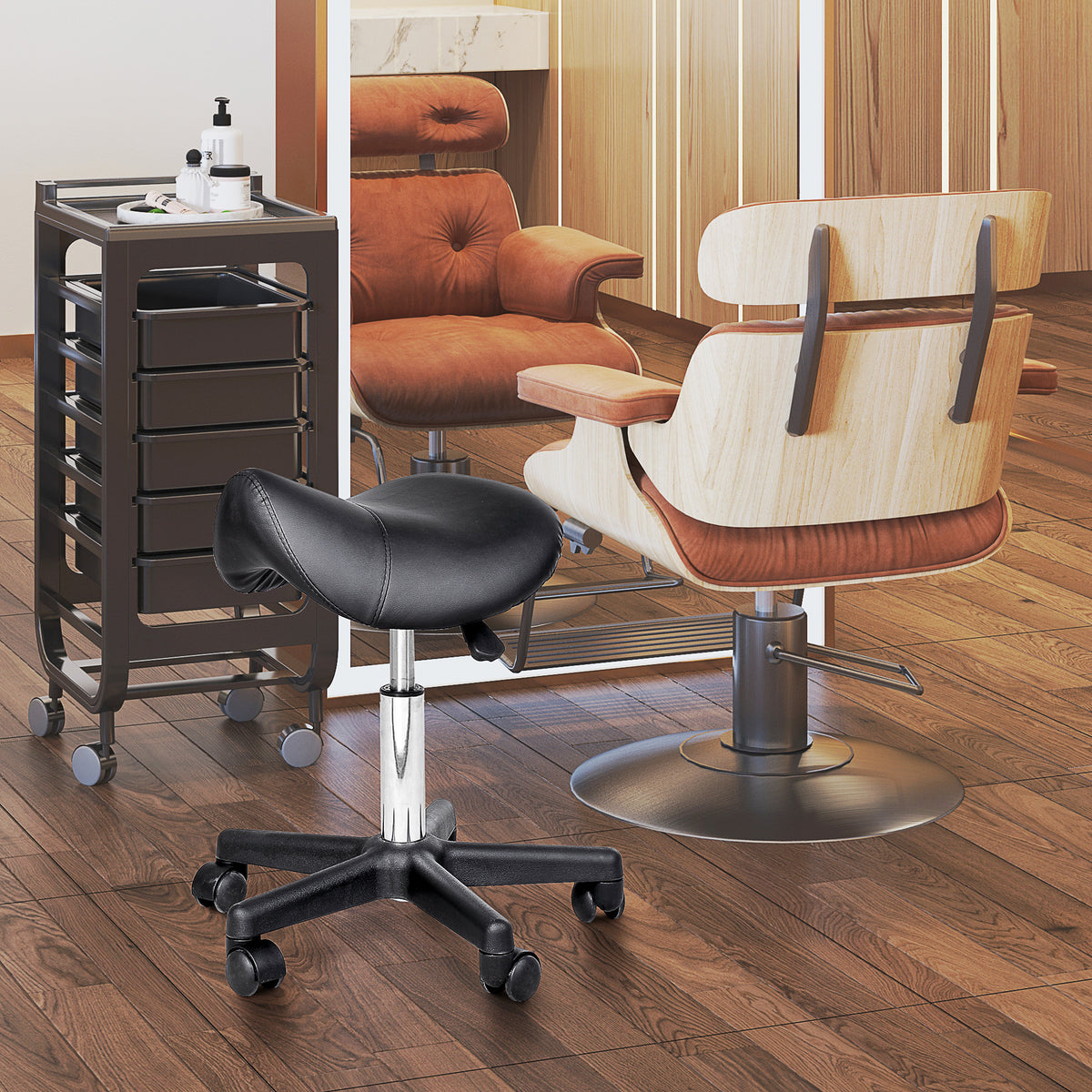 HOMCOM Rollhocker, sattelförmiger Sitz, höhenverstellbar, um 360° drehbar, Kunstleder, schwarz, 35 x 38 x 45-55 cm