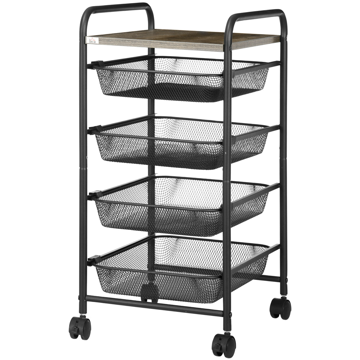 HOMCOM Rollwagen mit 4 Körben, Küchenwagen, 4 Räder mit 2 Bremsen, Allzweckwagen, Schwarz, 41,5 x 31 x 66 cm