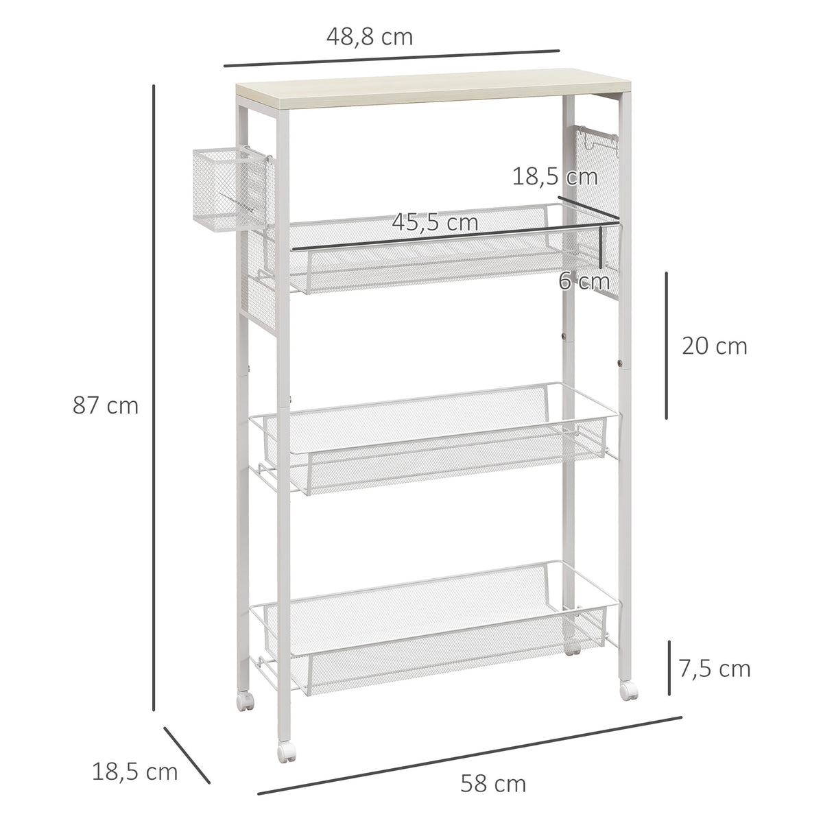 HOMCOM Nischenwagen Mehrzweckwagen Küchenwagen, 3 Regale, Haken, 58 cm x 18,5 cm x 87 cm, Weiß
