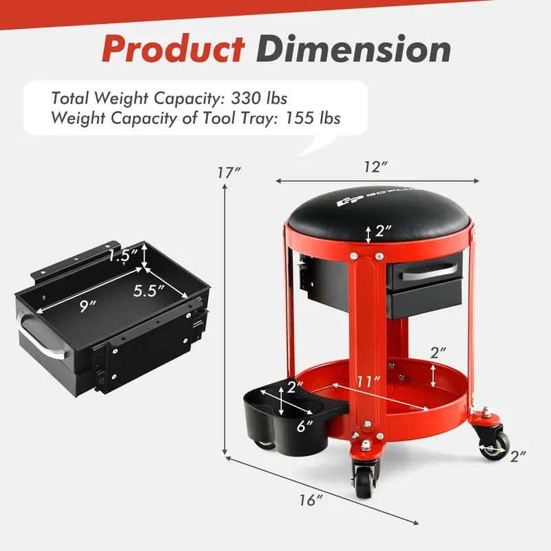 Pneumatic Rolling Mechanic Stool – Low-Profile Creeper Seat with Removable Cushioned Pad