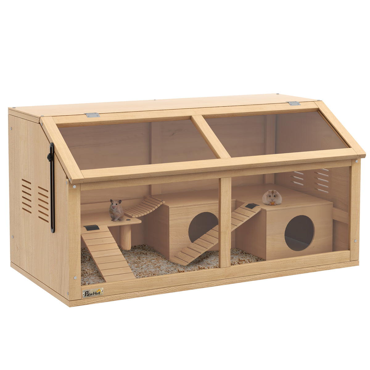 PawHut Hamsterkäfig für syrische Hamster und Zwerghamster, mit Plattform, Hängebrücke, Hütte, 85x45x44 cm