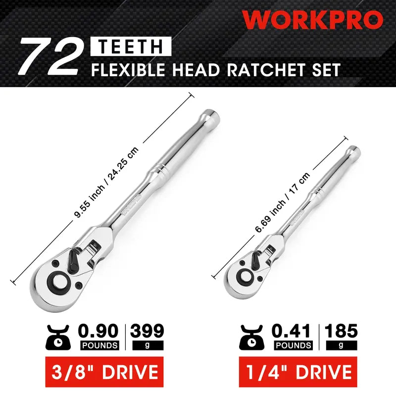 WORKPRO Flex-Head Ratchet Set — 2 or 4-Piece, Multiple Drive Sizes Including Stubby Options