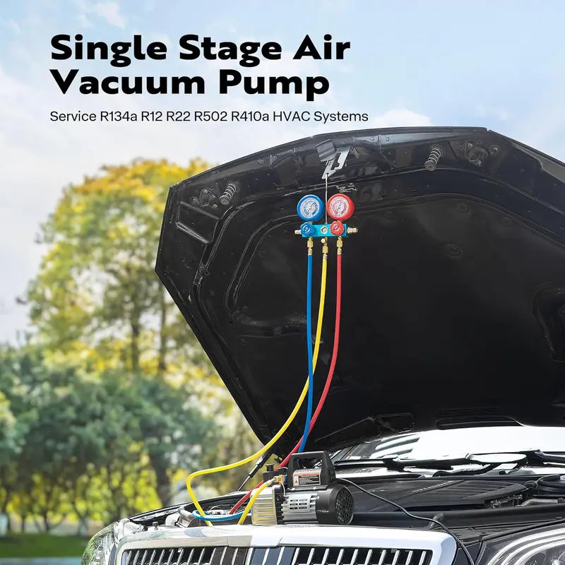 HVAC Vacuum Pump & Manifold Gauge Kit — 110V, 1/4 HP, 3.5 CFM, R134a/R410a Compatible
