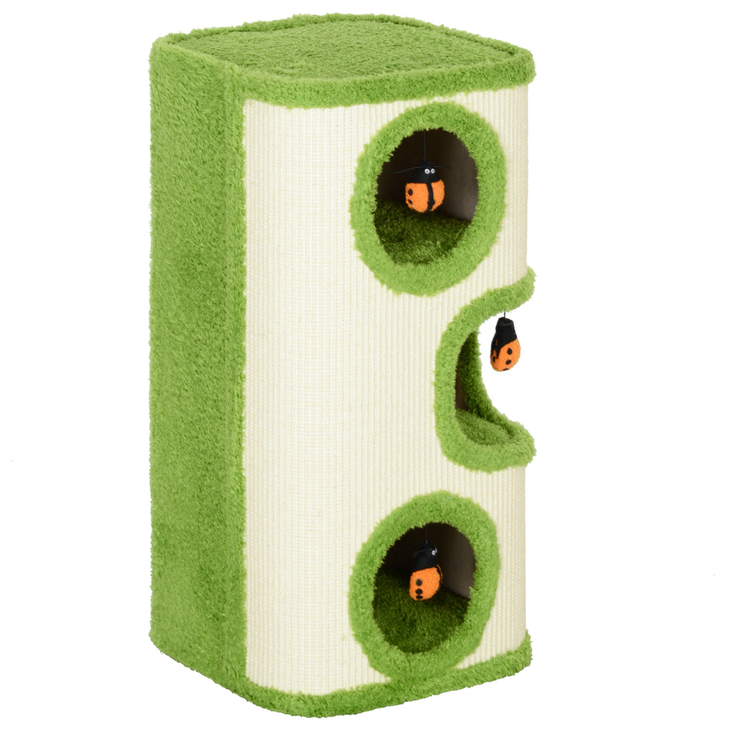 PawHut Kratzturm, 76 cm, Katzenhöhlen mit Plüsch, Kratzfläche, Spielzeug, Grün/Cremeweiß