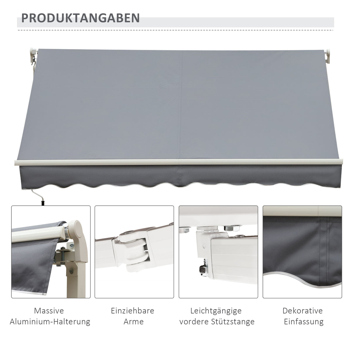 Outsunny Markise, 3,95 x 2,45 m, Sonnenschutz, einfahrbar, mit Handkurbel, Metallrahmen, Polyester, Grau/Weiß