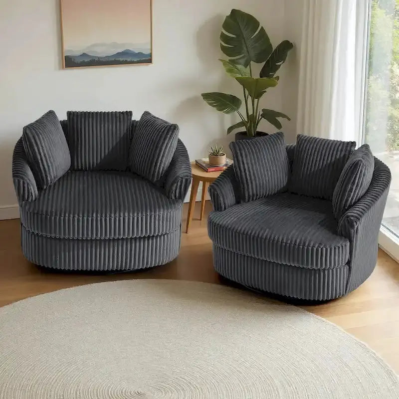 Oversized Corduroy Swivel Barrel Chair Set – 2-Piece Plush Seating with Decorative Pillows (43″W Each)