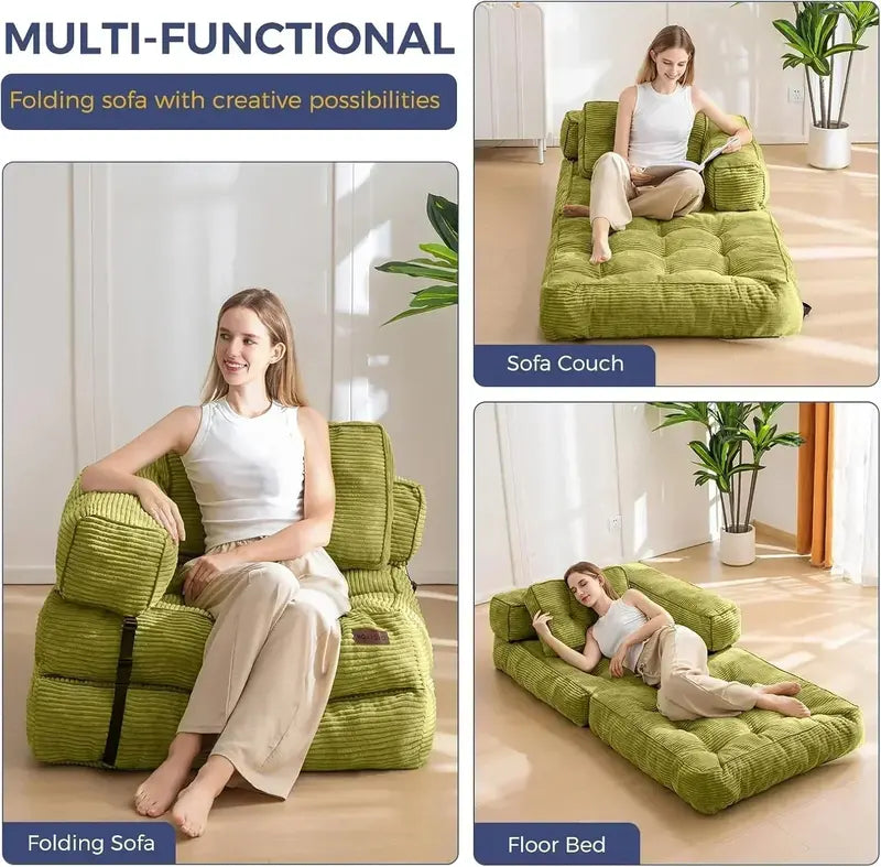 L-Shaped Folding Sofa Bed – Convertible Living Room Lounger with Armrests & Pillows