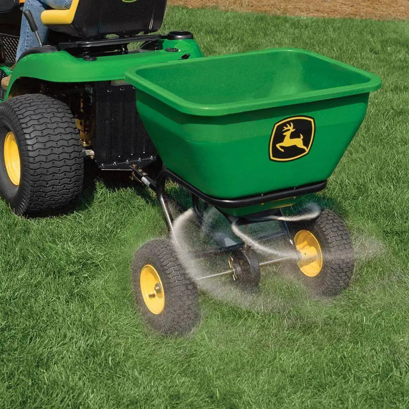 John Deere 175 lb Tow-Behind Broadcast Spreader – Rustproof Poly Hopper, Universal Hitch Compatibility