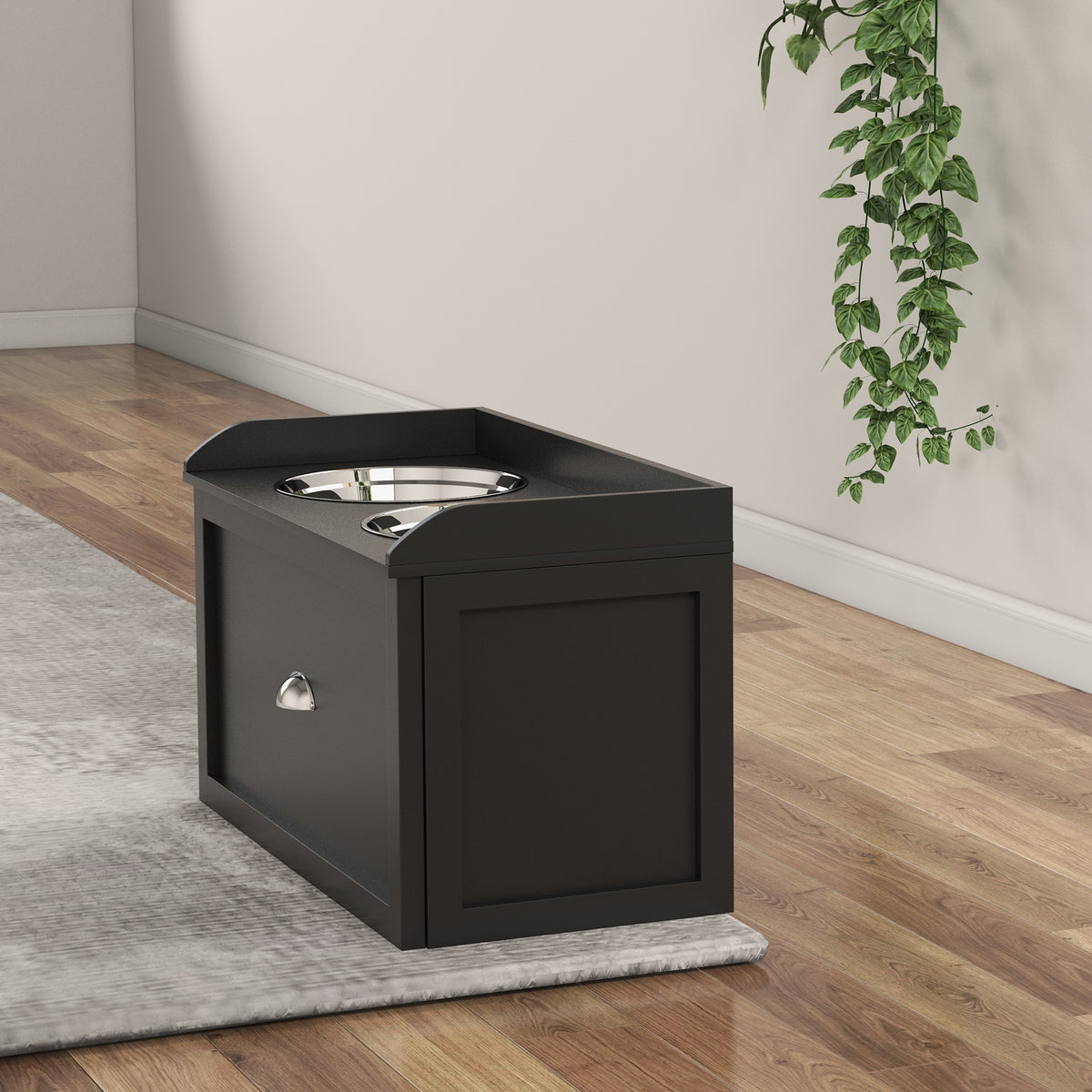 PawHut Erhöhte Hundeschalen aus Edelstahl und Holz mit Schublade, 60x30x36cm, Schwarz