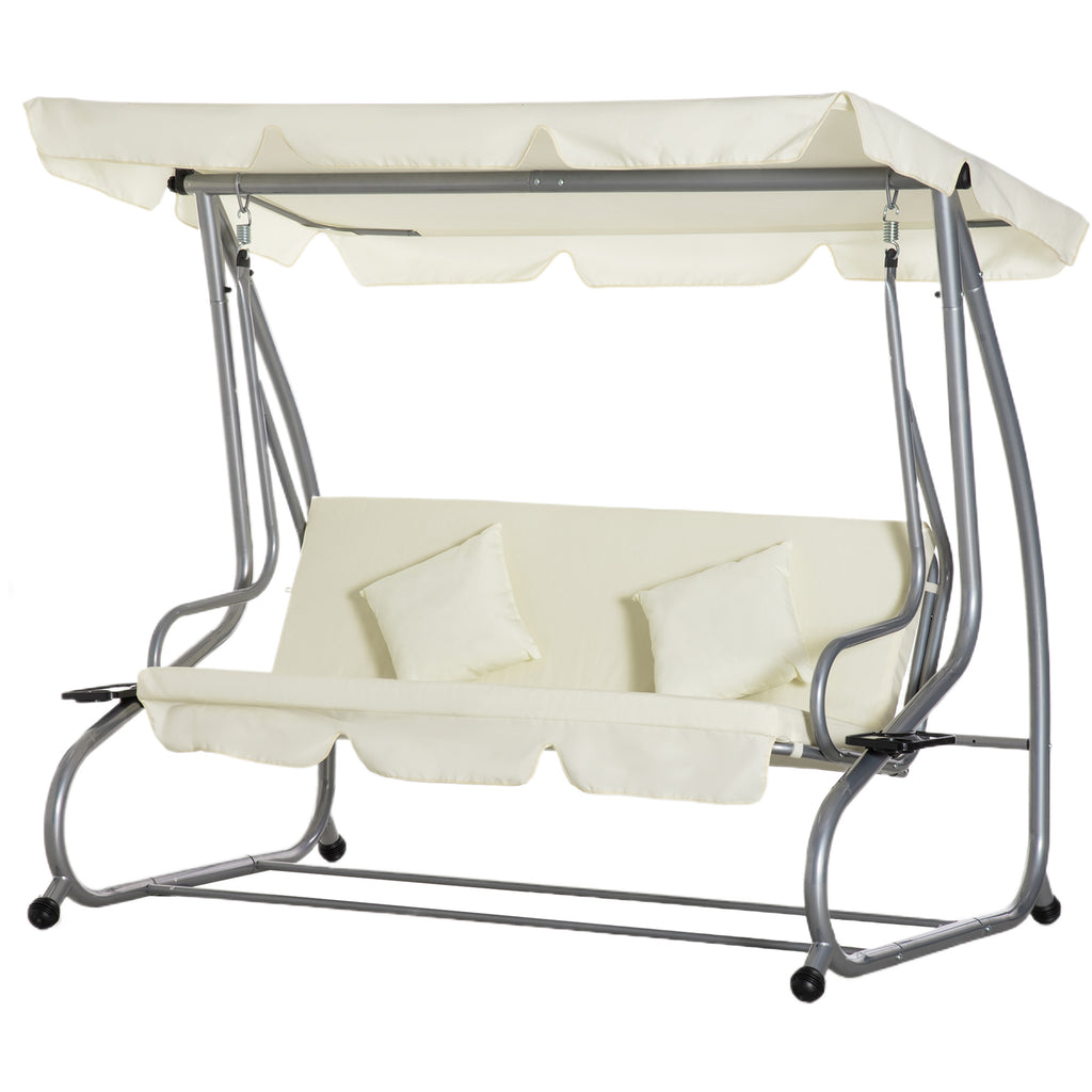 Outsunny Schaukelstuhl 3-Sitzer Gartenschaukel Hollywoodschaukel mit Sitz- und Rückenlehnen Tablett Schwingbank Sitzbank Dachwinkel verstellbar Stahl Polyestergewebe 200 x 120 x 164 cm Beige