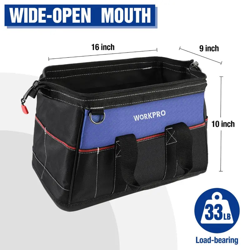 WORKPRO 16-Inch Heavy-Duty Wide-Mouth Tool Bag – Waterproof Molded Base & Adjustable Shoulder Strap
