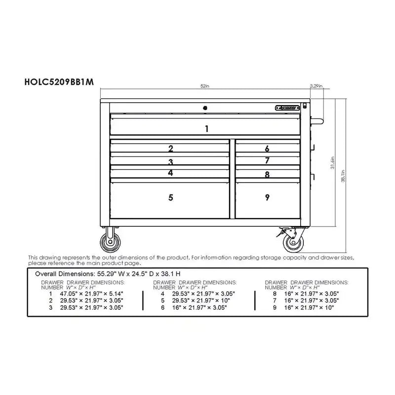Industrial-Grade 52-Inch 9-Drawer Rolling Workbench with Solid Wood Top and Matte Blue Finish