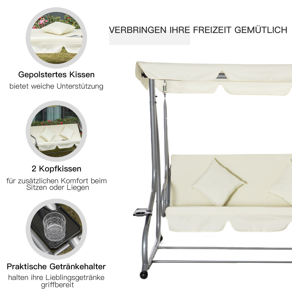 Outsunny Schaukelstuhl 3-Sitzer Gartenschaukel Hollywoodschaukel mit Sitz- und Rückenlehnen Tablett Schwingbank Sitzbank Dachwinkel verstellbar Stahl Polyestergewebe 200 x 120 x 164 cm Beige