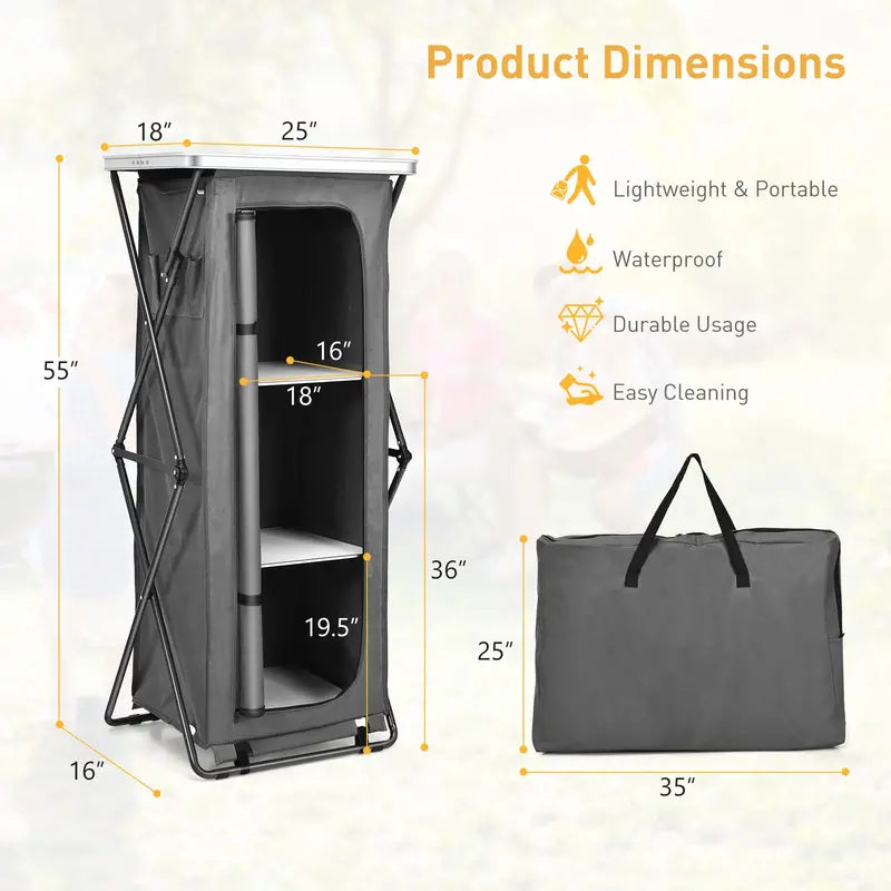 Pop-Up Camping Kitchen Station with Three-Tier Folding Storage Cabinet