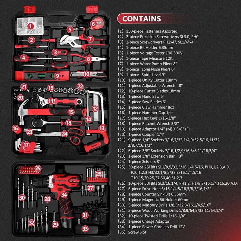 KingTool 276-Piece Comprehensive Tool Set with 12V Cordless Drill & Driver Combo