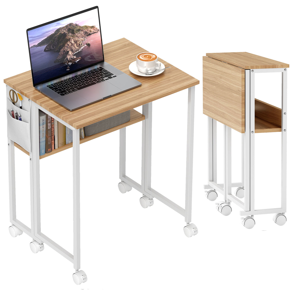 HOMCOM Faltbarer Schreibtisch, zum Beistelltisch umwandelbar, offenes Regal, Natur