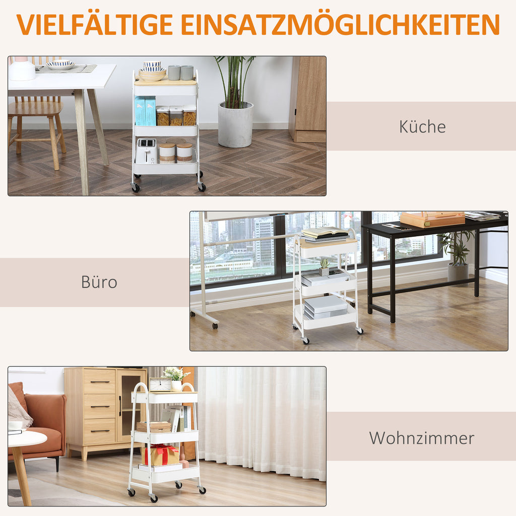 HOMCOM Servierwagen mit 3 Ebenen Küchenwagen mit Rollen Küchenregal mit Korb und Deckel Rollwagen Allzweckwagen für Küche Büro Badezimmer, Weiß