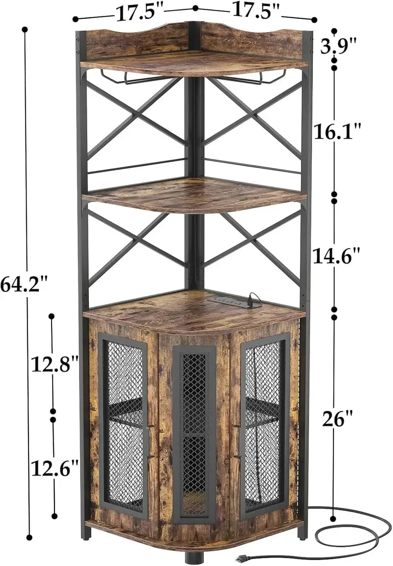 Industrial Corner Bar Cabinet – Power Outlet, LED Strip Lighting, and Wall-Mounted Glass Rack
