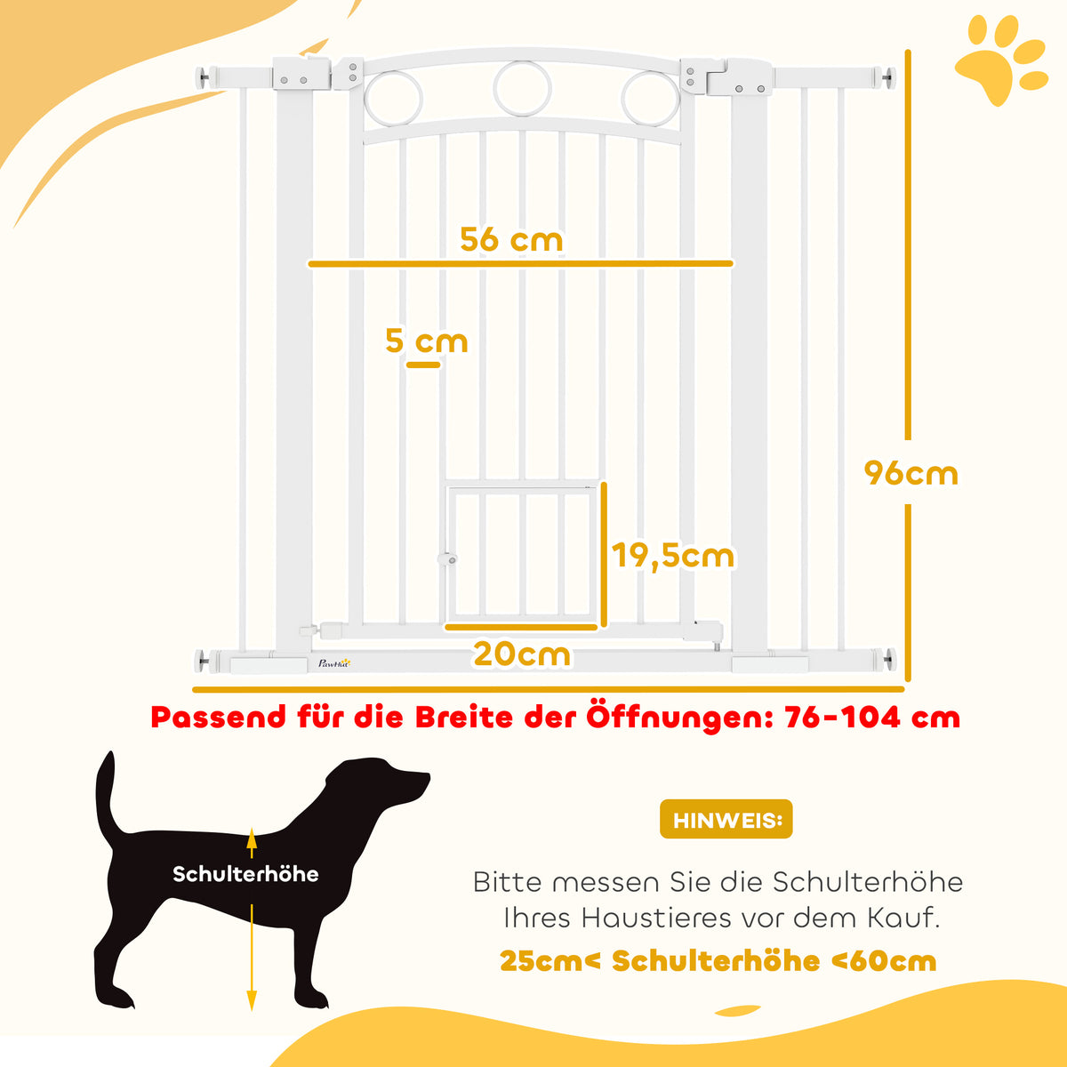 PawHut Haustiertor, 96 cm Treppengatter, verstellbare Breite 76-104 cm, mit Katzentür, für Treppen und Türöffnungen, Weiß