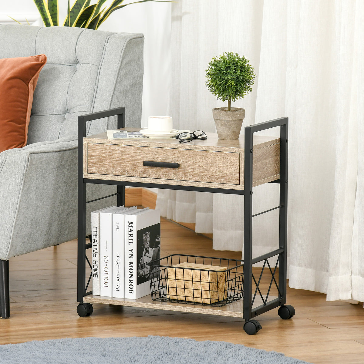 HOMCOM Beistelltisch Servierwagen mit Rädern Küchenwagen Kaffeetisch mit Schublade Ablage Sideboard beweglich Spanplatte Natur 60 x 30 x 65 cm