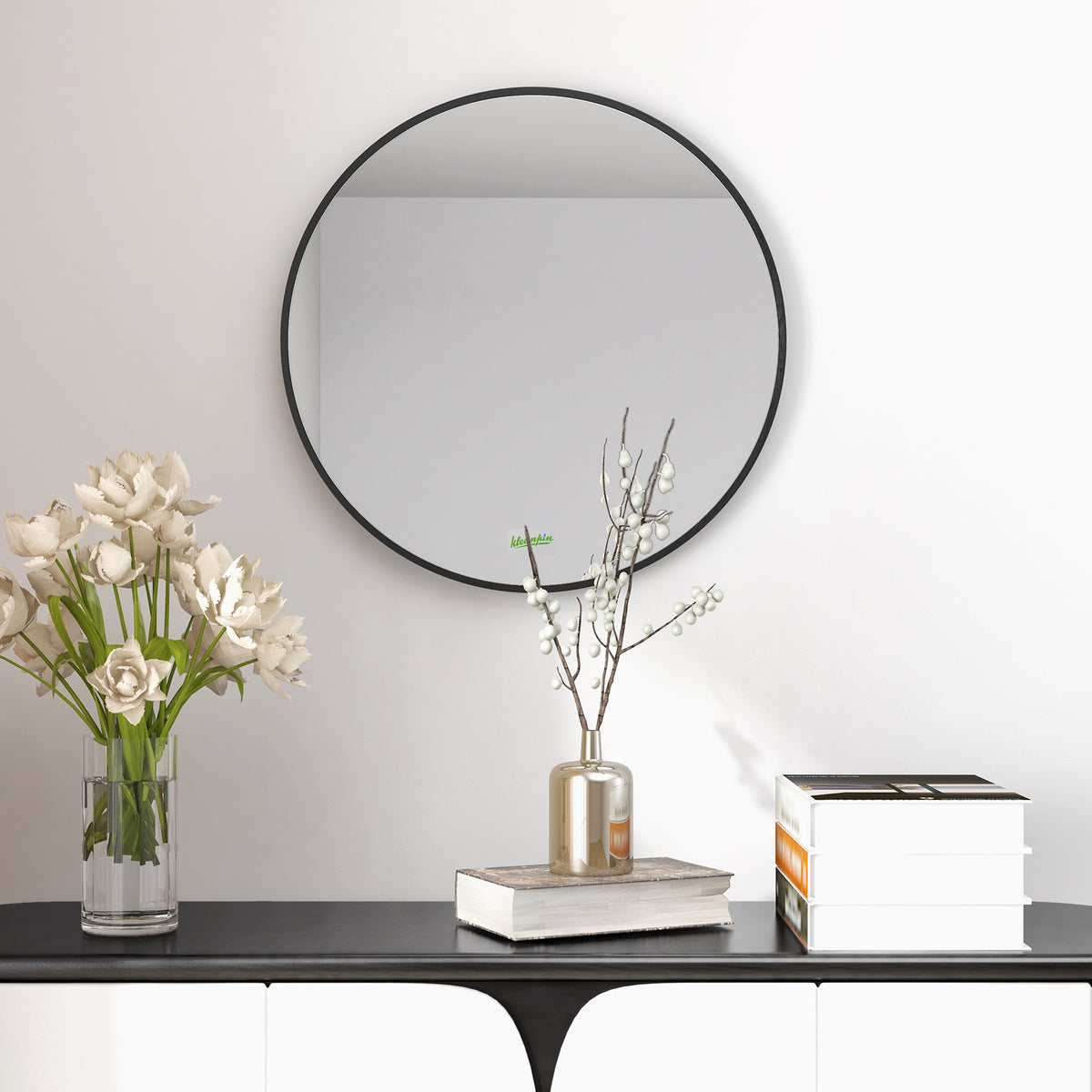 kleankin Runder Wandspiegel für Bad, Schlafzimmer, Flur, Metallrahmen, Farbe: Schwarz, Ø50