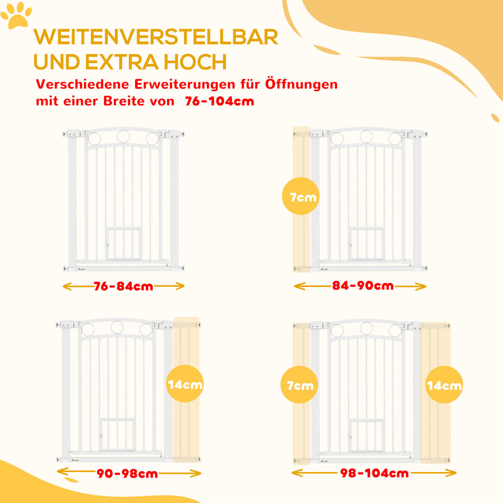 PawHut Haustiertor, 96 cm Treppengatter, verstellbare Breite 76-104 cm, mit Katzentür, für Treppen und Türöffnungen, Weiß