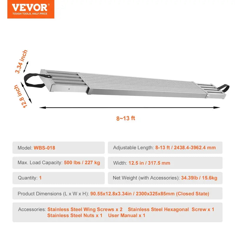 Vevor Adjustable Aluminum Scaffold Plank – Telescoping Work Platform (8–13 ft), 500 lb Load Rating, 12.5″ Wide