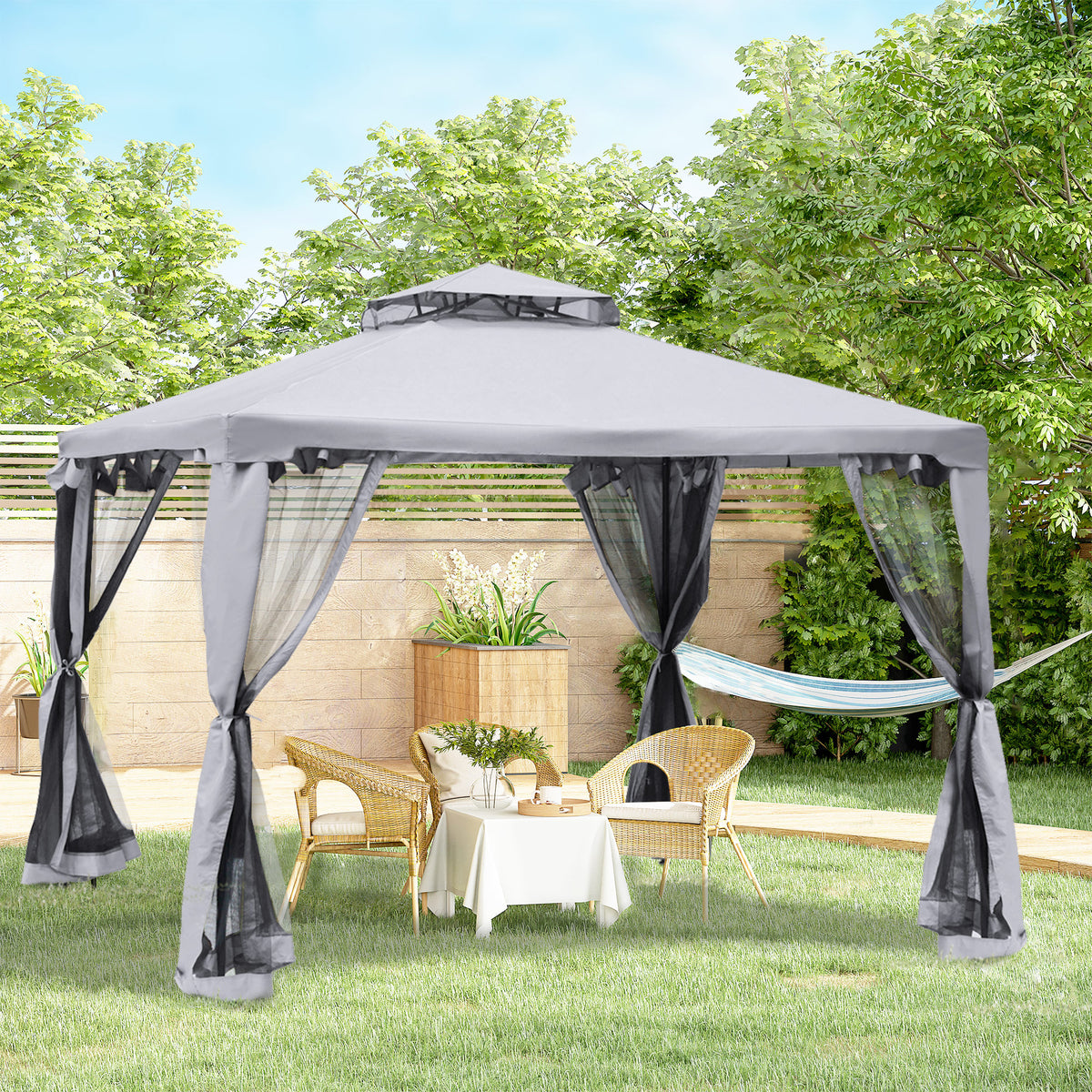 Outsunny Pavillon mit Doppeldach, 3x2 m Wasserdicht Stabil Winterfest Gartenpavillon mit Moskitonetz, Seitenteile, Garten-Pavillon aus Metall, für Garten, Terrasse, Hellgrau