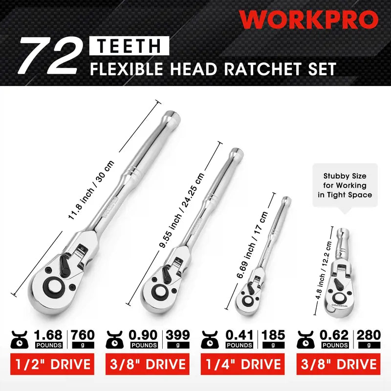 WORKPRO Flex-Head Ratchet Set — 2 or 4-Piece, Multiple Drive Sizes Including Stubby Options