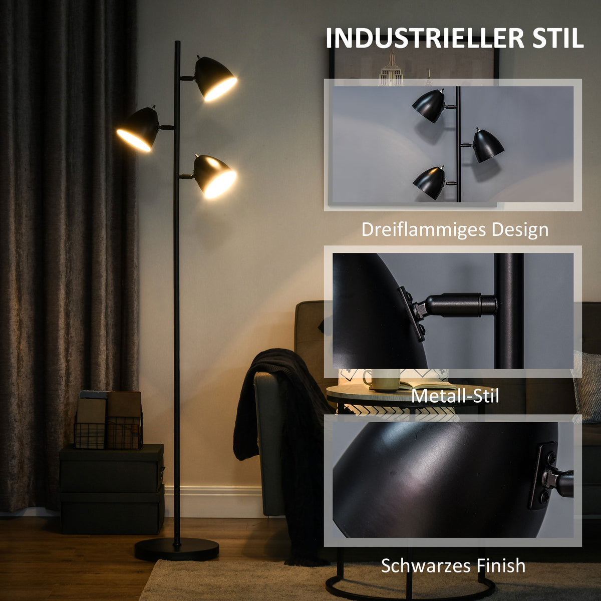HOMCOM Stehlampe, Bodenlampe, 3 einstellbare Schirme, Metall, Schwarz