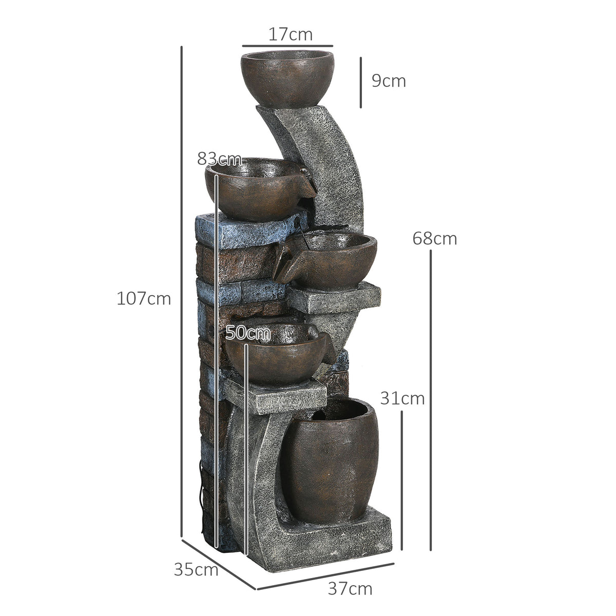 Outsunny Gartenbrunnen, Backsteinoptik, 5-stufig, Solarbetrieb, LEDs, 107cm, Kunstharz, Grau/Braun