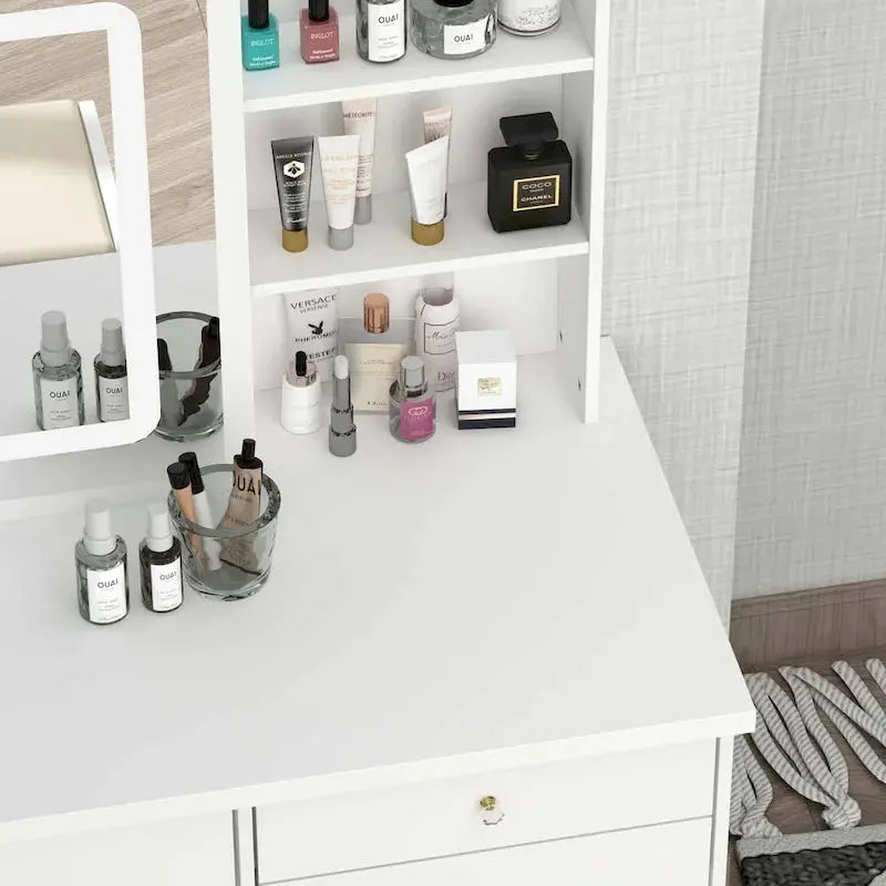 LED Vanity Desk Set – White Makeup Station with Illuminated Mirror and Matching Stool (39.4″ Wide)