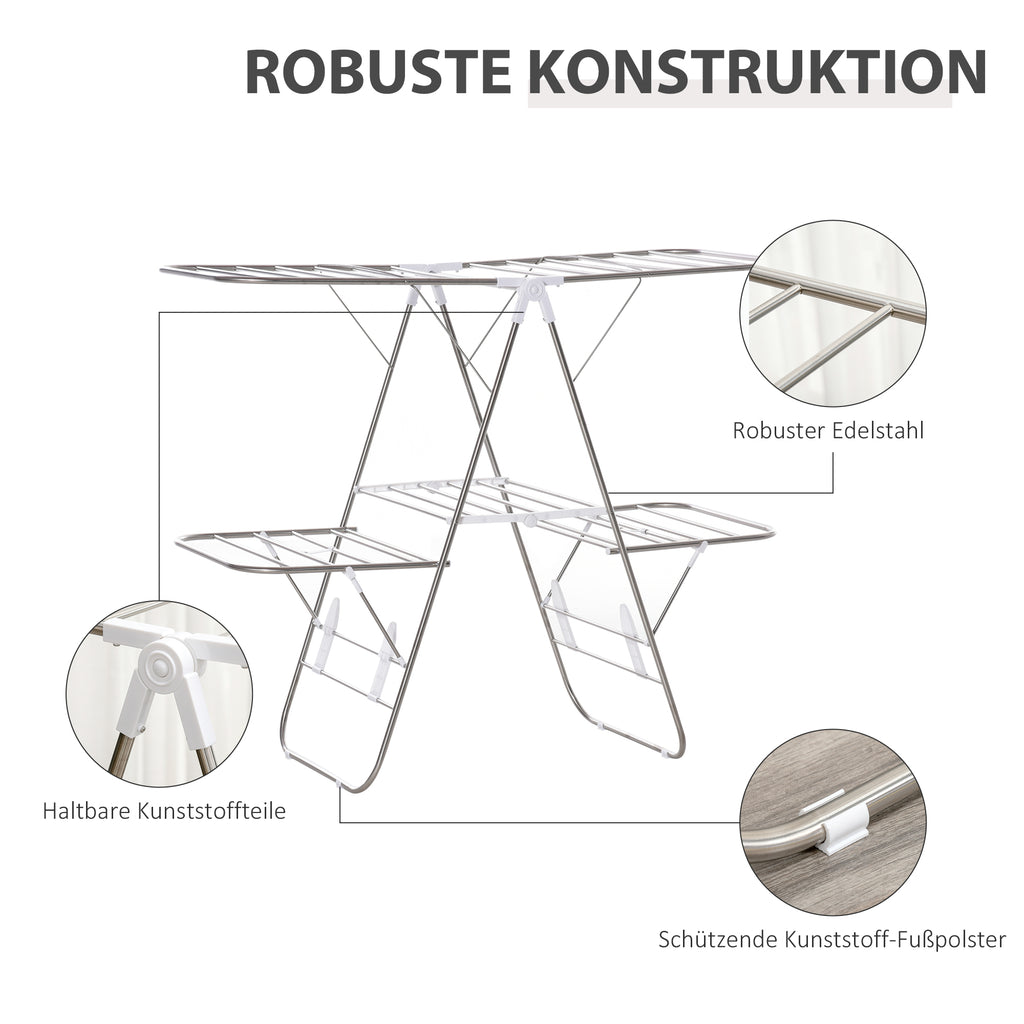 HOMCOM Wäscheständer Standtrockner faltbar 3-stufiger Flügelwäschetrockner Trockengestell Trockenständer Edelstahl Kunststoff Silber Weiß 138 x 60,5 x 112 cm
