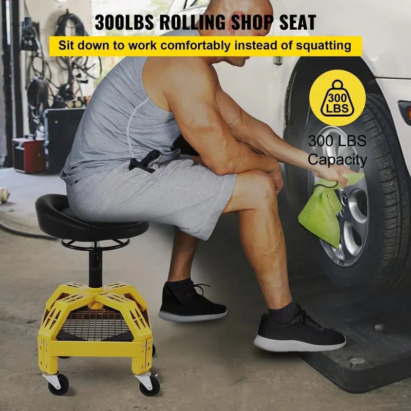Heavy-Duty Rolling Mechanic Stool – Adjustable Height Garage Seat with 360° Swivel and Industrial-Grade Casters