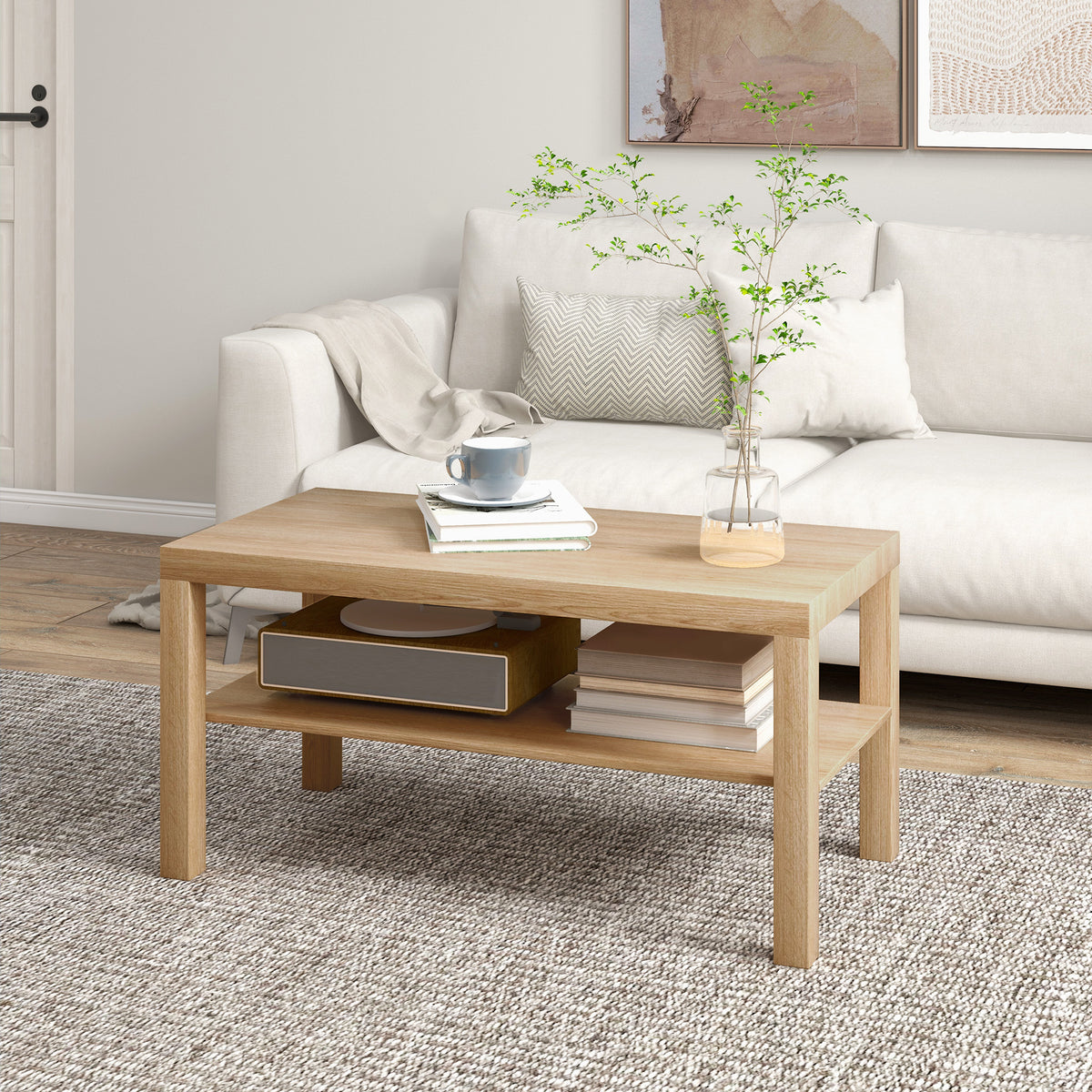 HOMCOM Rechteckiger Couchtisch mit großem Regal, 90×45×44,5 cm, Natürliches Holz