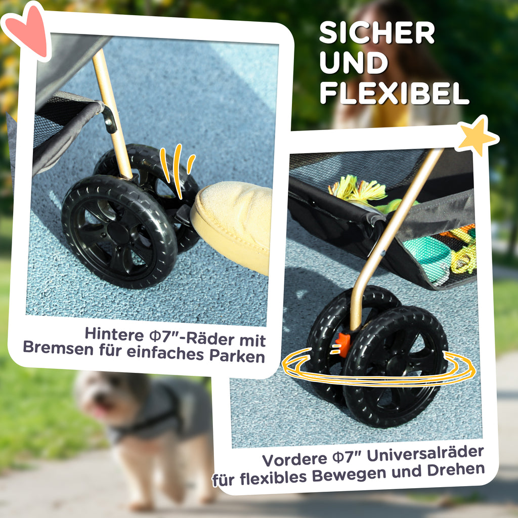 PawHut 3-in-1-Haustierkinderwagen, zusammenklappbarer Hundewagen mit 4 Rädern und abnehmbarer Trage für Hunde und Katzen, Grau