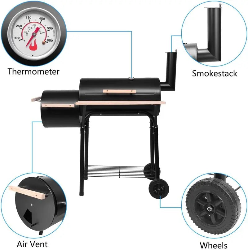 Heavy Duty Outdoor Charcoal Grill & Smoker with Thermometer & Wheels for Camping & Backyard – Double Greenhouse Design