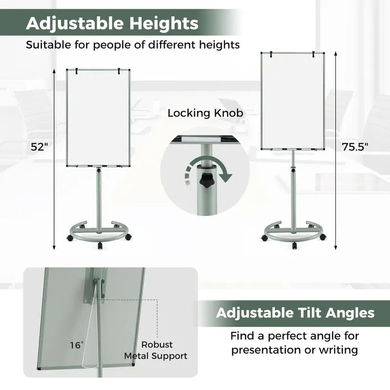 Height-Adjustable Mobile Dry Erase Board – 40″ x 26″ on Stable Round Wheeled Stand