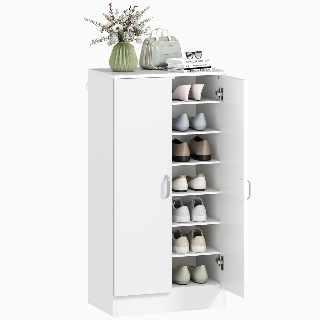 HOMCOM Schuhschrank mit Soft-Close-Scharnieren, verstellbare Regale, 6-stufiges Schuhregal für Flur, Eingangsbereich, für 14 Paare, 55 x 35 x 108 cm, Holz, Weiß