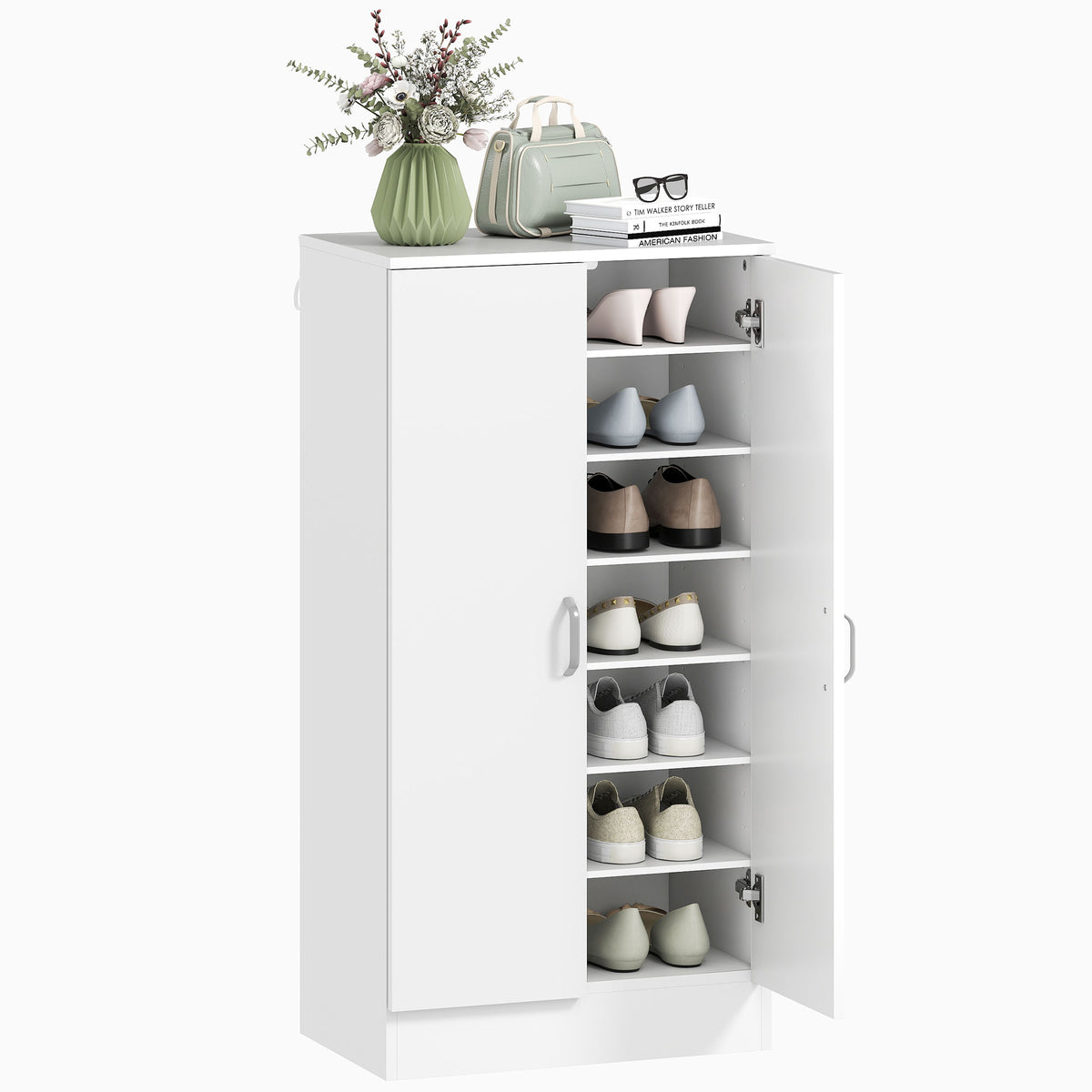 HOMCOM Schuhschrank mit Soft-Close-Scharnieren, verstellbare Regale, 6-stufiges Schuhregal für Flur, Eingangsbereich, für 14 Paare, 55 x 35 x 108 cm, Holz, Weiß