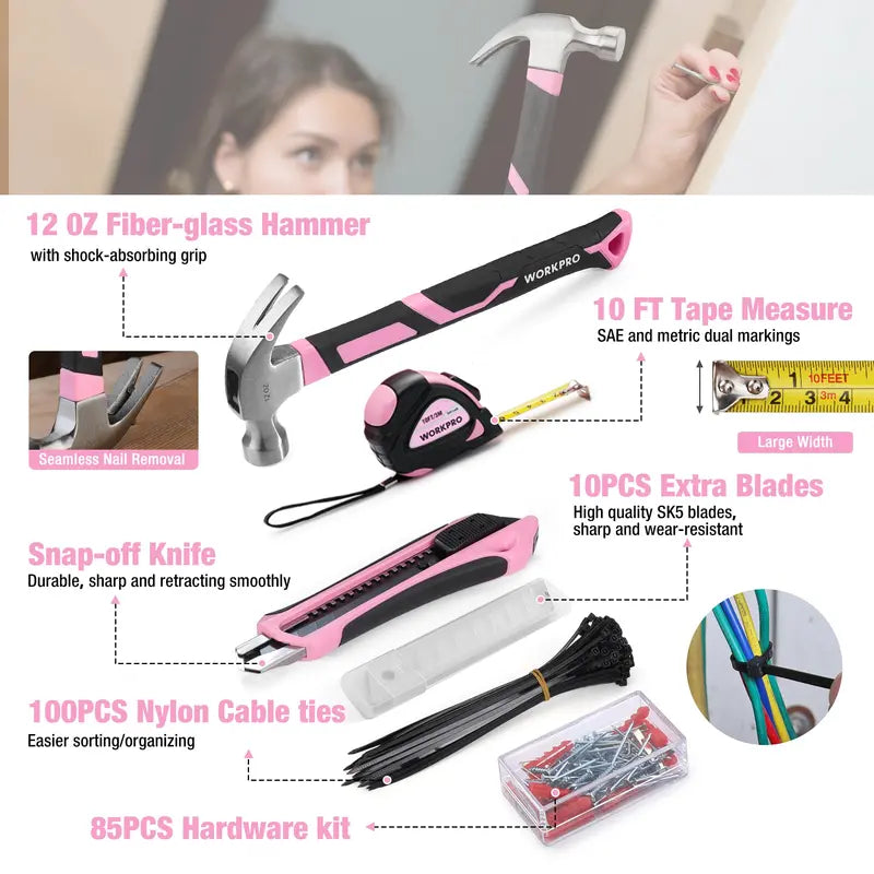 WORKPRO Complete Household Tool Set – 258 or 284 Pieces, Pink Ribbon Design