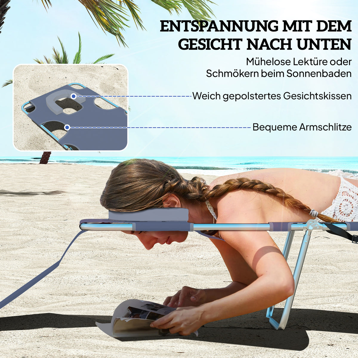 Outsunny Gartenliege, Liegestuhl mit gepolsterter Gesichtsöffnung, Massage-Liege für draußen, Seitentasche, Stoff, Metall, Grau
