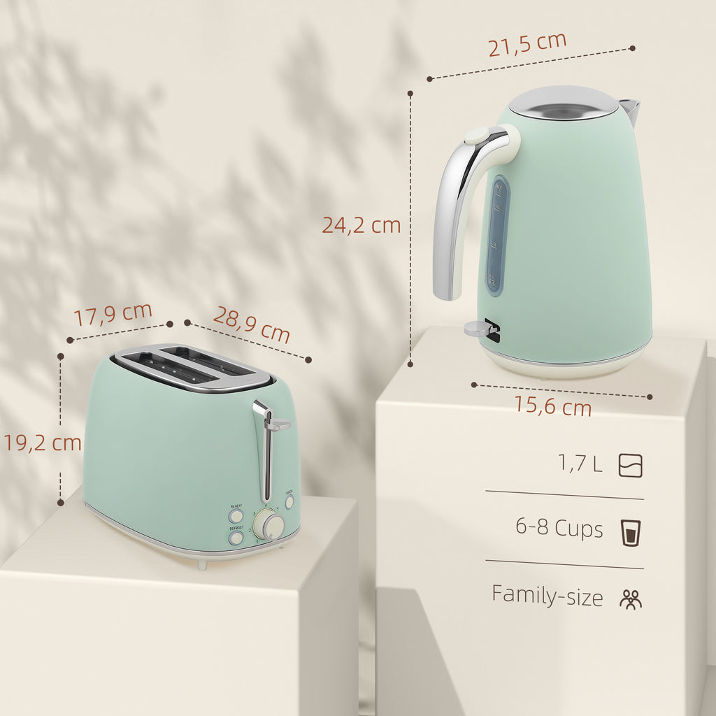 HOMCOM Set Wasserkocher und Toaster, Edelstahl-Wasserkocher 1,7 L und 2200 W und 2-Scheiben Toaster, grün