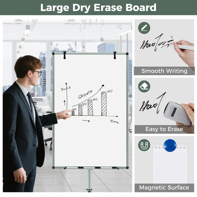 Height-Adjustable Mobile Dry Erase Board – 40″ x 26″ on Stable Round Wheeled Stand