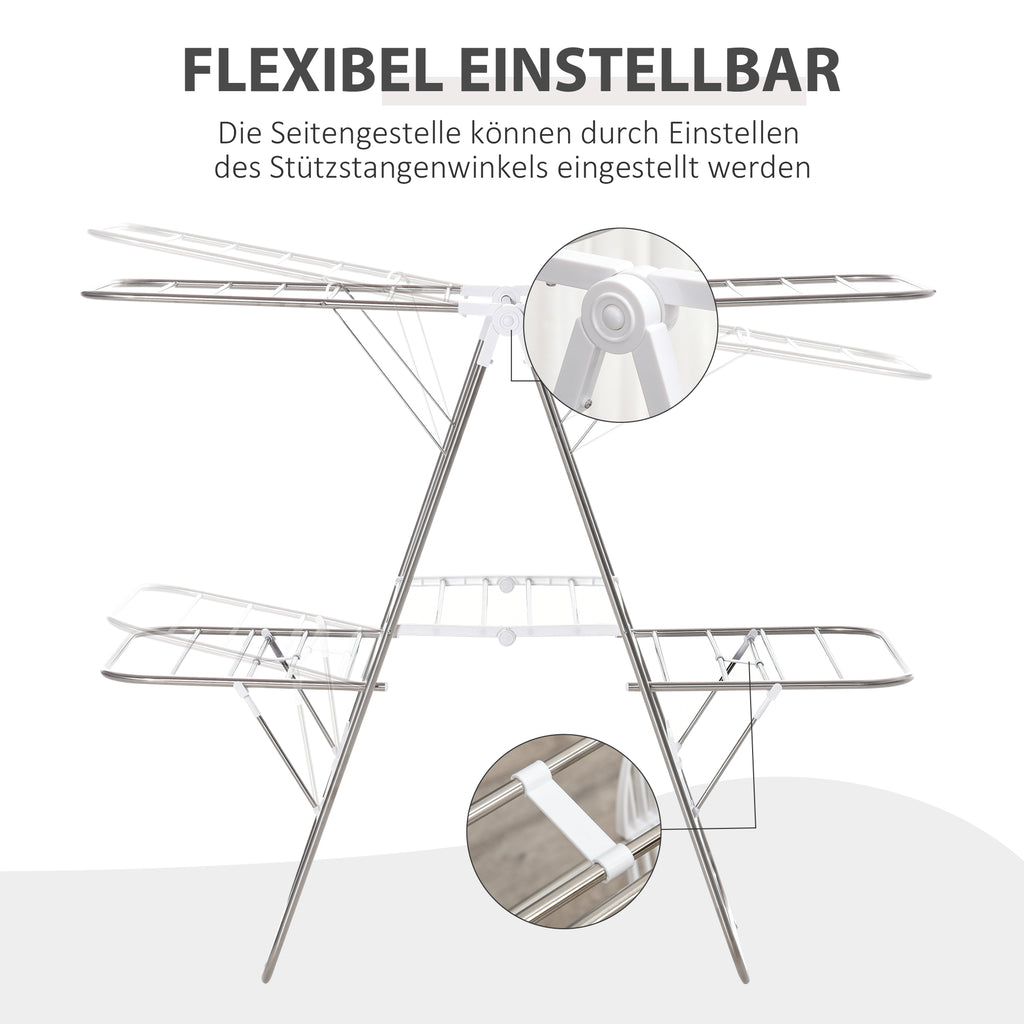 HOMCOM Wäscheständer Standtrockner faltbar 3-stufiger Flügelwäschetrockner Trockengestell Trockenständer Edelstahl Kunststoff Silber Weiß 138 x 60,5 x 112 cm