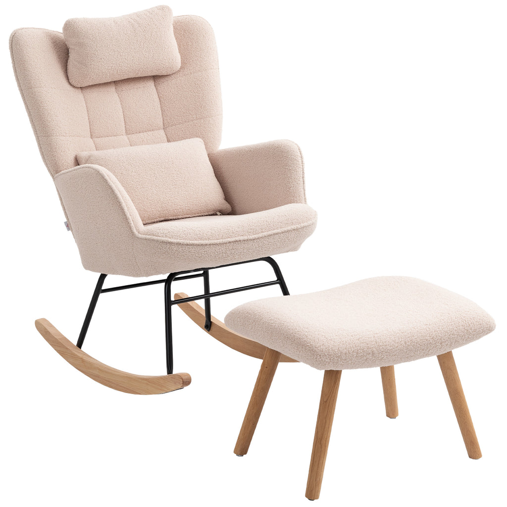HOMCOM Schaukelstuhl mit Fußhocker, weicher Fleece-Bezug, Holzbeine, Kissen, hohe Rückenlehne, Schaukelsessel, Beige